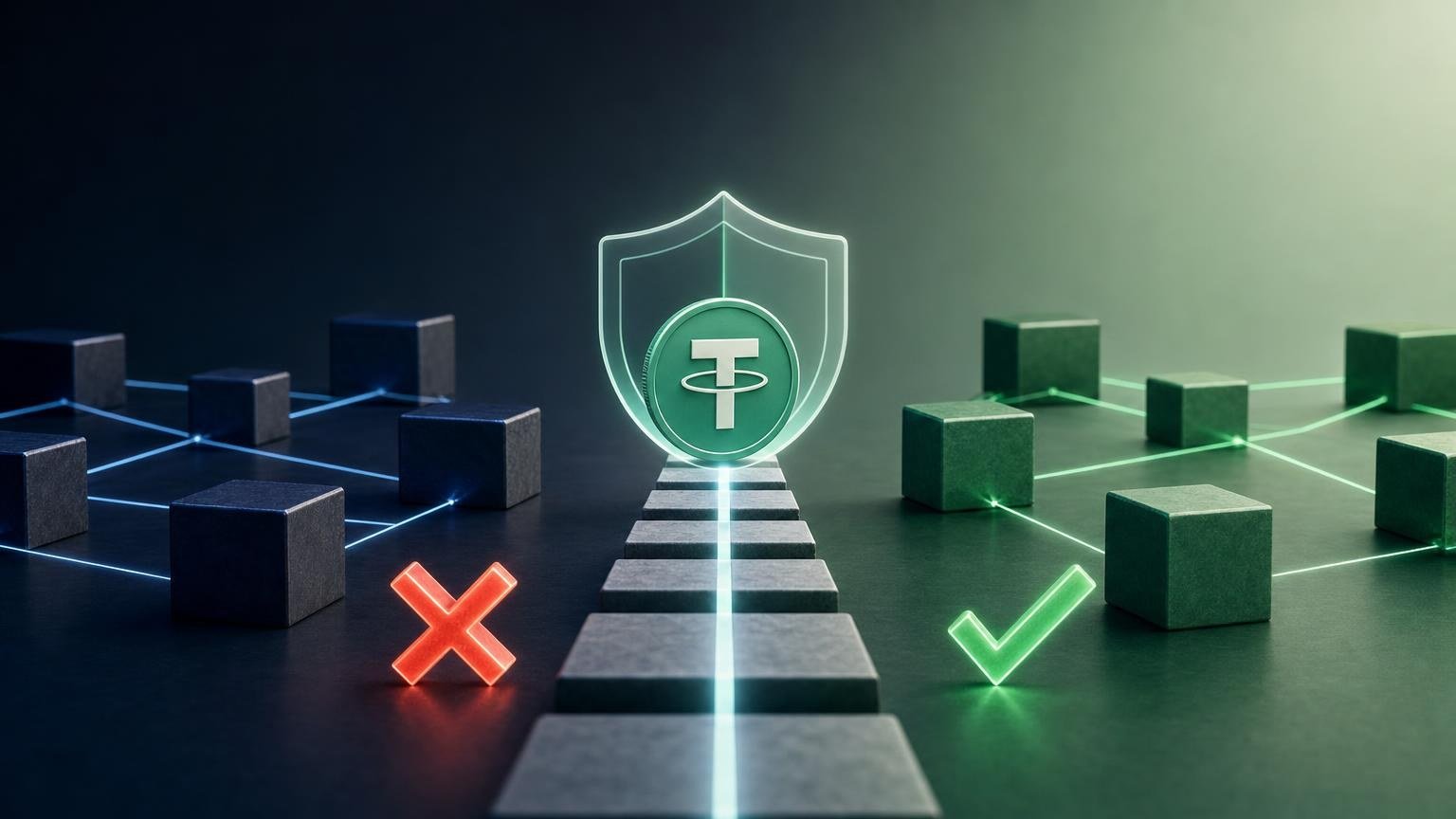 A wallet and exchange screen showing a USDT network check before an irreversible blockchain transfer
